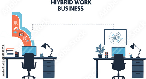 Hybrid Work Business Concept with Remote and Office Workspace Setup Modern Flat Vector Illustration for Productivity and Collaboration