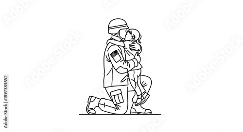 Soldier Kneeling Embracing Loved One After Deployment.
