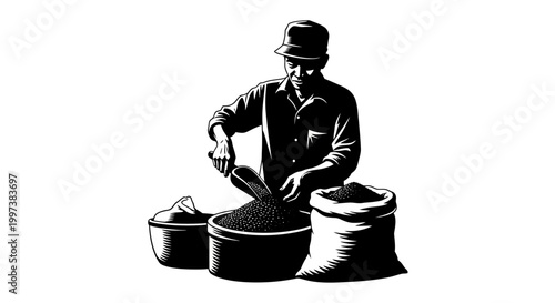 Artistic Illustration of a Man Sifting and Preparing Coffee Beans.