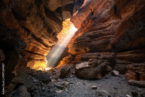 Sunbeams pierce through a narrow canyon, illuminating textured rock walls and a rocky floor.