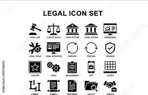Professional collection of black legal and business icons for justice law firm and corporate administration services