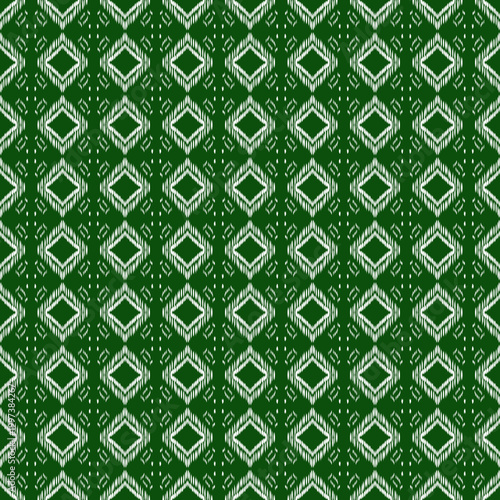 Traditional Green Ikat Pattern with White Geometric Diamond Shapes Seamless Vector