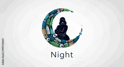 Artistic Silhouette of a Woman Inside a Crescent Moon Design.