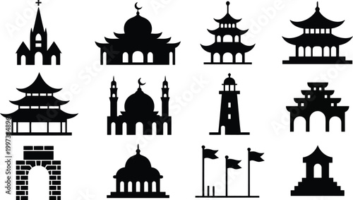 Collection of various religious and ancient architecture building silhouettes set for design and creative projects