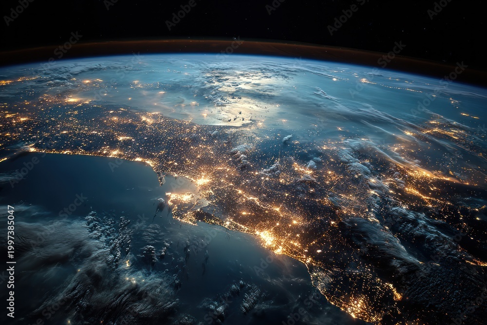 Fototapeta premium Nighttime Earth from Space: Glowing Urban Lights Over Ocean