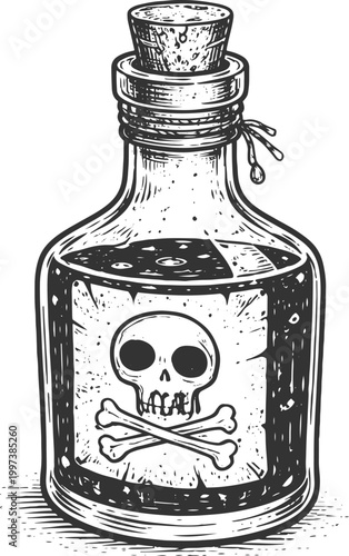 Vintage Poison Bottle with Skull and Crossbones Label Engraving Illustration