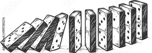 Domino Effect Chain Reaction Falling Tiles Engraving Illustration