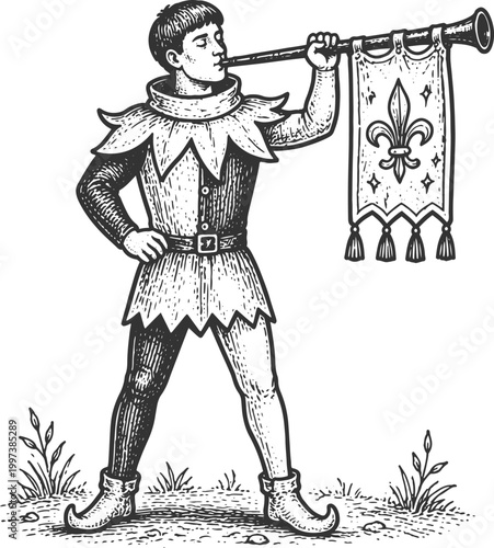 Medieval Herald with Trumpet and Fleur-de-lis Banner Engraving Illustration