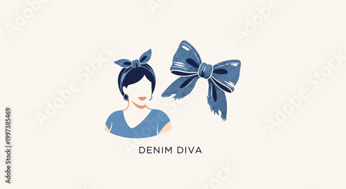 Stylish Denim Diva - Elegant Bow and Headband Fashion Illustration.