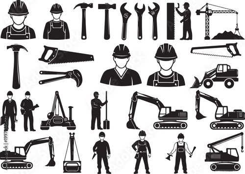 Black and white construction worker with tools and machinery