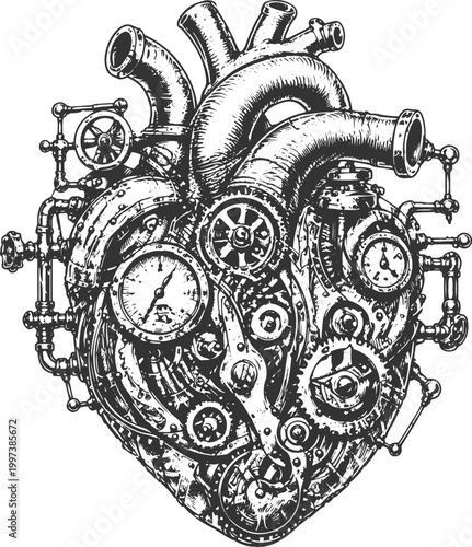 Steampunk Mechanical Heart with Gears and Pipes Engraving Style Vector Illustration