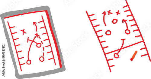 Detailed hand drawn sketches of athletic football game plays showing strategic movement patterns on two separate rectangular sports field templates.