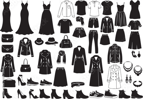 Black and white fashion clothing and accessories collection