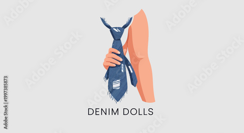 Stylish Denim Tie Held by a Persons Hand, Isolated on White Background.