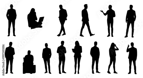 Silhouette people icons in various poses isolated on transparent background, Vector