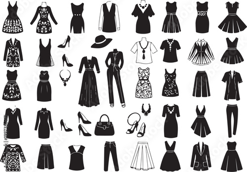Black and white fashion clothing dresses shoes