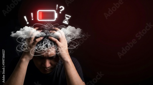 Conceptual professional male displaying low battery icon and mental fog to address corporate burnout for employee wellness initiatives