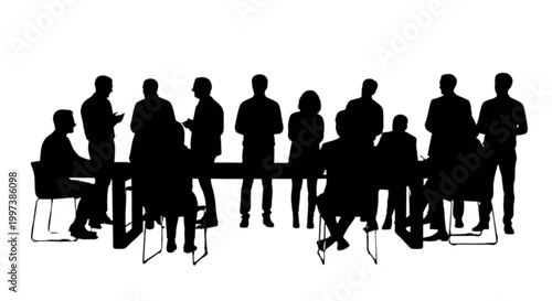 Silhouette people meeting around a table isolated on transparent background, Vector
