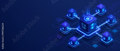 Blockchain banner in isometric style with connected digital cubes and crypto chain elements, creating an abstract technology background that represents secure block connections and data flow.