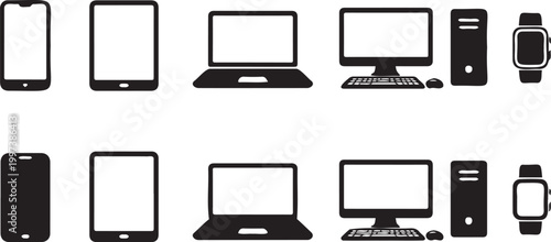 This clean vector illustration showcases a collection of modern electronic device icons including a smartphone, tablet, laptop, desktop computer, and smartwatch.