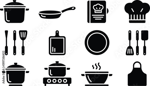 Comprehensive collection of kitchenware icons for modern culinary design projects and restaurant menu branding layout elements
