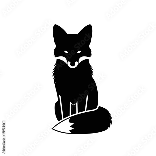 Silhouette of a majestic fox sitting upright with focused gaze and fluffy fur.