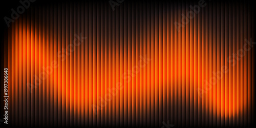 Vertical lines glow in fiery orange hues. Dark backdrop contrasts the vibrant, pulsing light. Abstract pattern suggests energy or sound waves. Ideal for digital design, music visuals, or tech themes