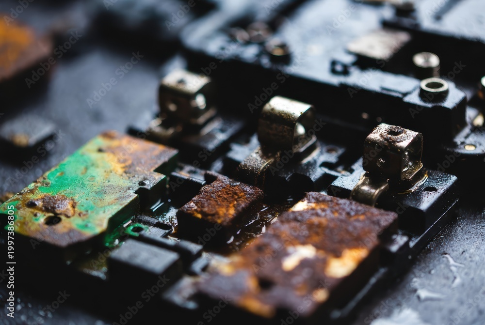 Fototapeta premium Close-up macro shot of a corroded and damaged electronic circuit board with water droplets