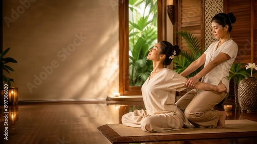 Traditional Thai Yoga Massage Session in Warmly Lit Spa Environment