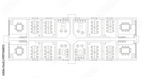 Symmetrical Corporate Office Floor Plan with Modular Workstations, Meeting Rooms and Central Collaboration Lounge CAD Layout