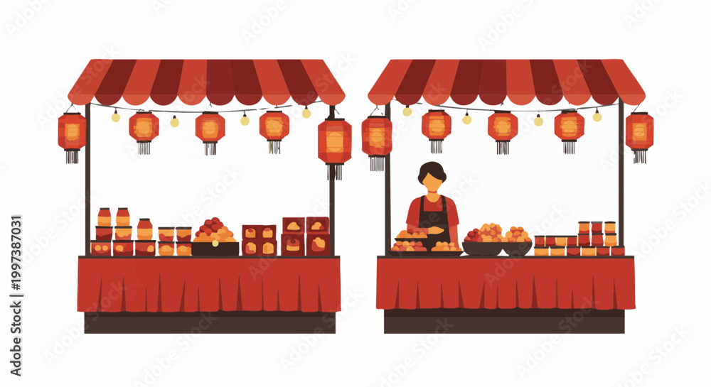 Obraz premium Chinese Street Market Stalls Vector Illustration with Red Lanterns