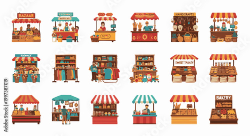 Marketplace Stalls and Street Food Vendor Booth Illustration Set
