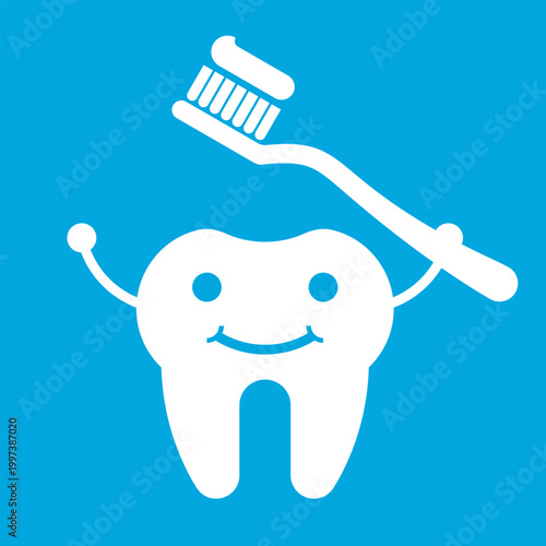 Smiling tooth with toothbrush icon, promoting dental hygiene.