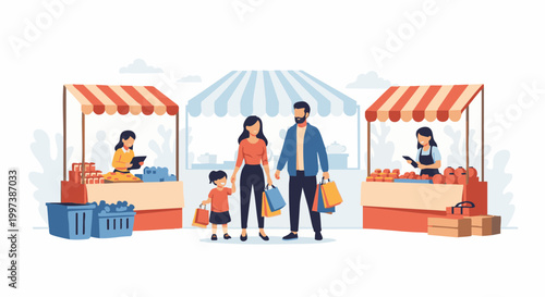 Happy family shopping at a local outdoor street market illustration