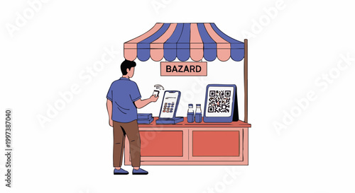 Customer Using Mobile Payment at Street Stall Vector Illustration