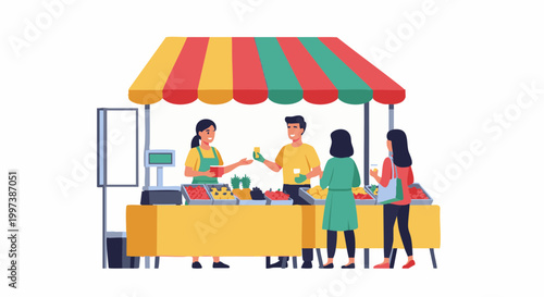 Vector Illustration of People at a Fresh Fruit Market Stall
