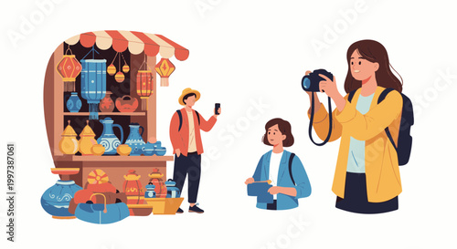 Tourists taking photos of souvenirs at a local market illustration