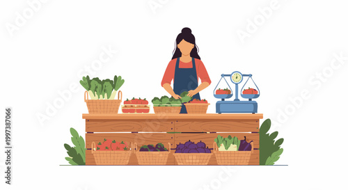 Vector Illustration of a Woman Selling Fresh Vegetables at a Market