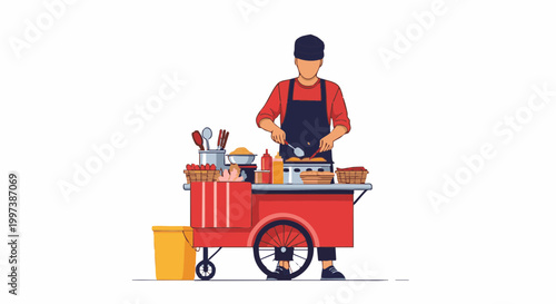 Street Food Vendor Cooking at a Mobile Red Cart Vector Illustration