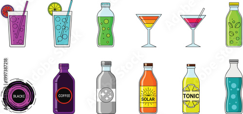 Colorful Drink Bottles and Cocktail Glass Icons Featuring Soda, Coffee, and Tonic for Web and Graphic Design Projects