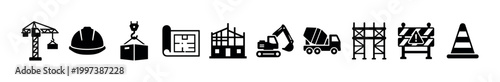 Set of black construction icons featuring a tower crane, hard hat, blueprint, excavator, concrete mixer, scaffolding, and road safety elements in a simple glyph style