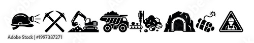 Collection of black glyph icons for the mining industry including a hard hat, pickaxe, excavator, dump truck, rock crusher, mine tunnel, and a safety warning sign
