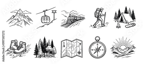 Collection of hand-drawn hiking and camping icons featuring a mountain, tent, compass, map, boots, and train in a vintage sketch style for adventure travel concepts