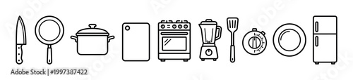 Kitchen and cooking equipment line art icons including a knife, pan, pot, stove, blender, and refrigerator arranged in a horizontal row in a minimalist, clean vector style