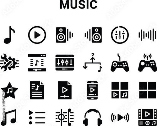 Black music and entertainment icons collection featuring sound symbols for mobile apps and media software interfaces