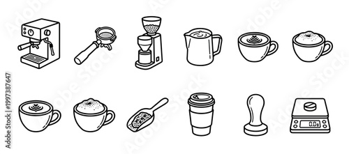Set of black and white coffee icons showing barista equipment in a minimalist isometric line art style, including an espresso machine, grinder, portafilter, tamper, and cups