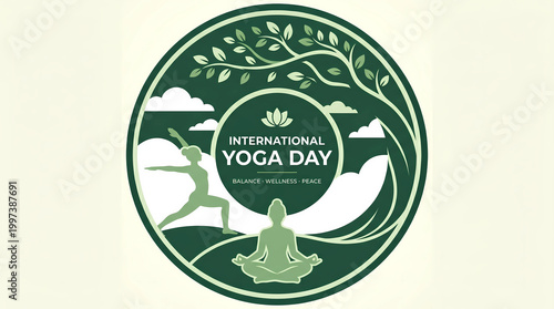 International yoga day logo with silhouettes and nature elements