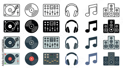 Set of music and DJ equipment icons showing a turntable, vinyl record, mixer, headphones, note, and speakers in four different graphic styles including line, glyph, and flat color