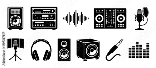 Collection of black audio equipment icons for music production and sound recording, including a microphone, headphones, speakers, and a DJ mixer, presented in a clean vector glyph style