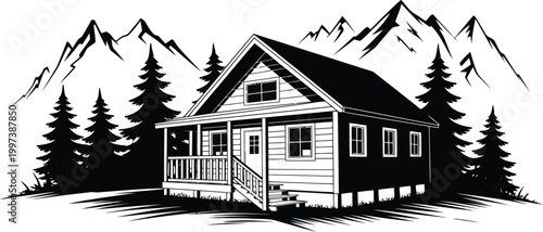 Cozy wooden mountain cabin nestled among tall pine trees with majestic peaks in the distance